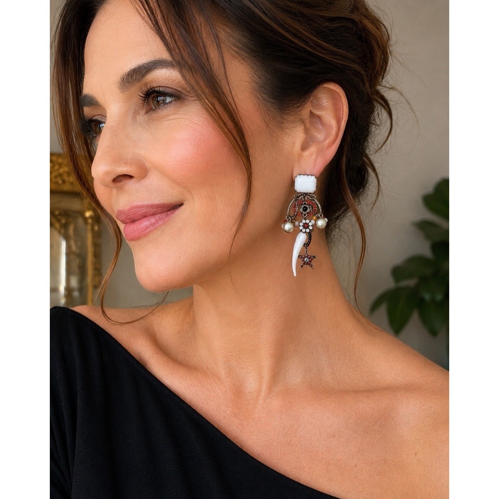 Unmarked Designer Artisan Glass Horn Drop Earrings Evil Eye Star Charm Boho 3"